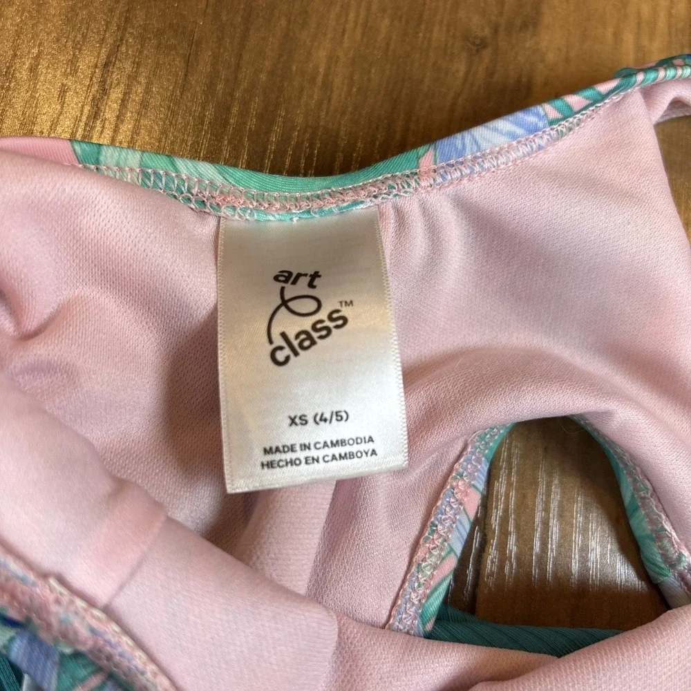 Art Class Kids XS (4/5) Teal Swimsuit Tropical Floral Ribbed Cutout One Piece